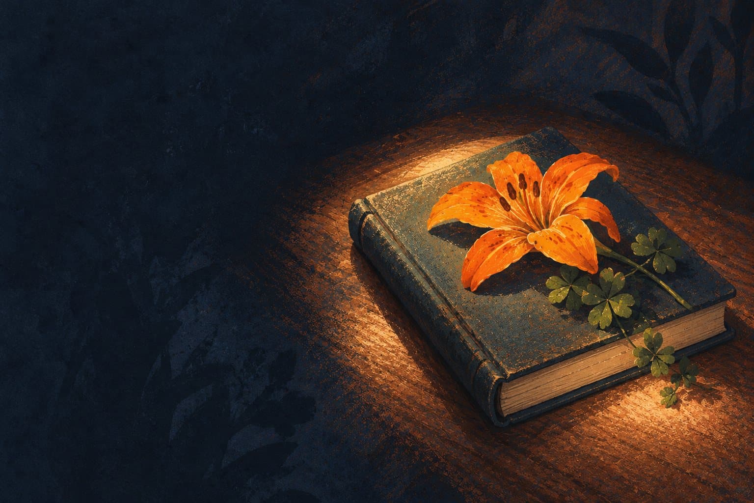 A closed journal on a desk at night, in a single pool of lamplight, an orange daylily laid across it like a bookmark