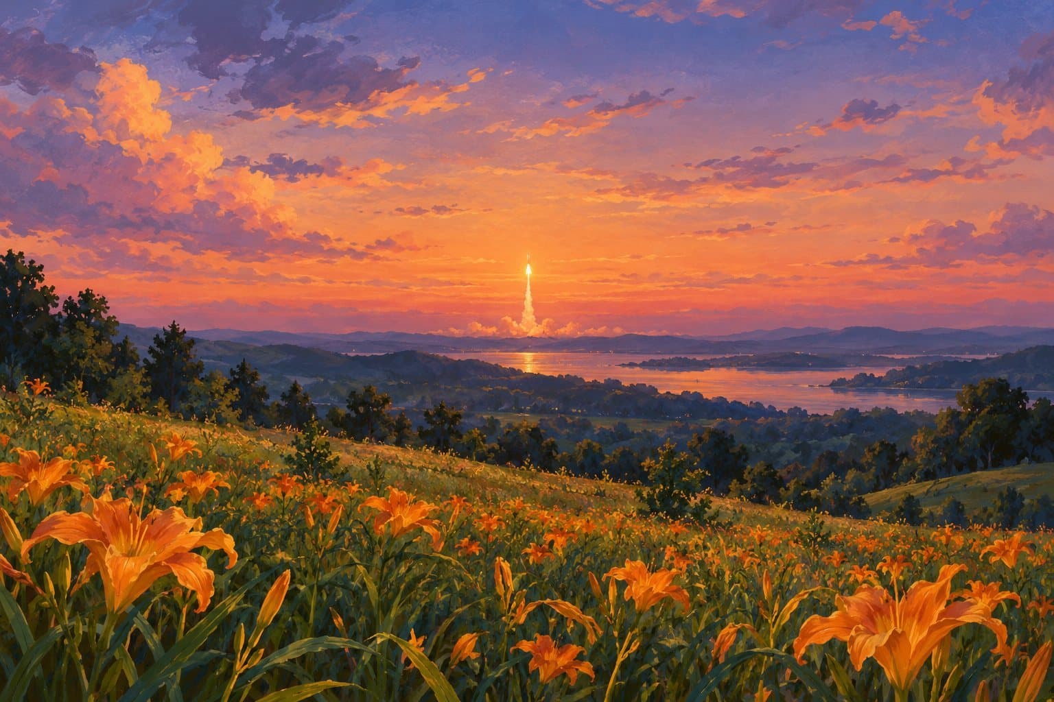 A rocket launch far away at dusk