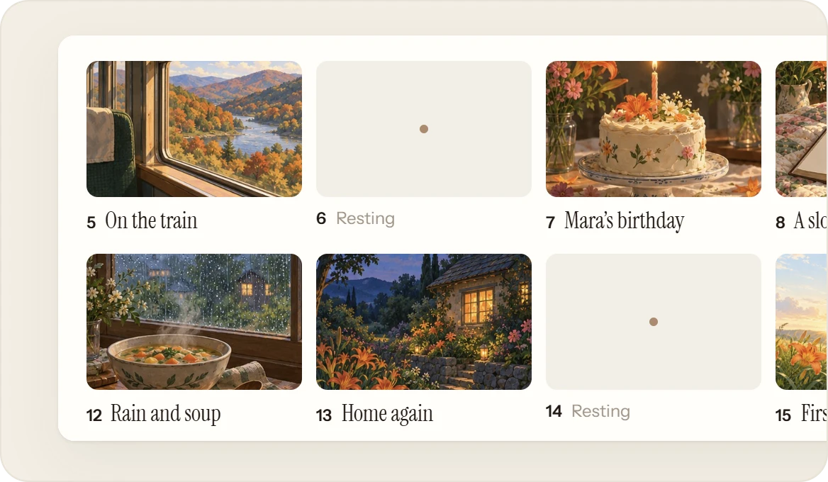 Two weeks of the calendar, covers and titles, a few resting days