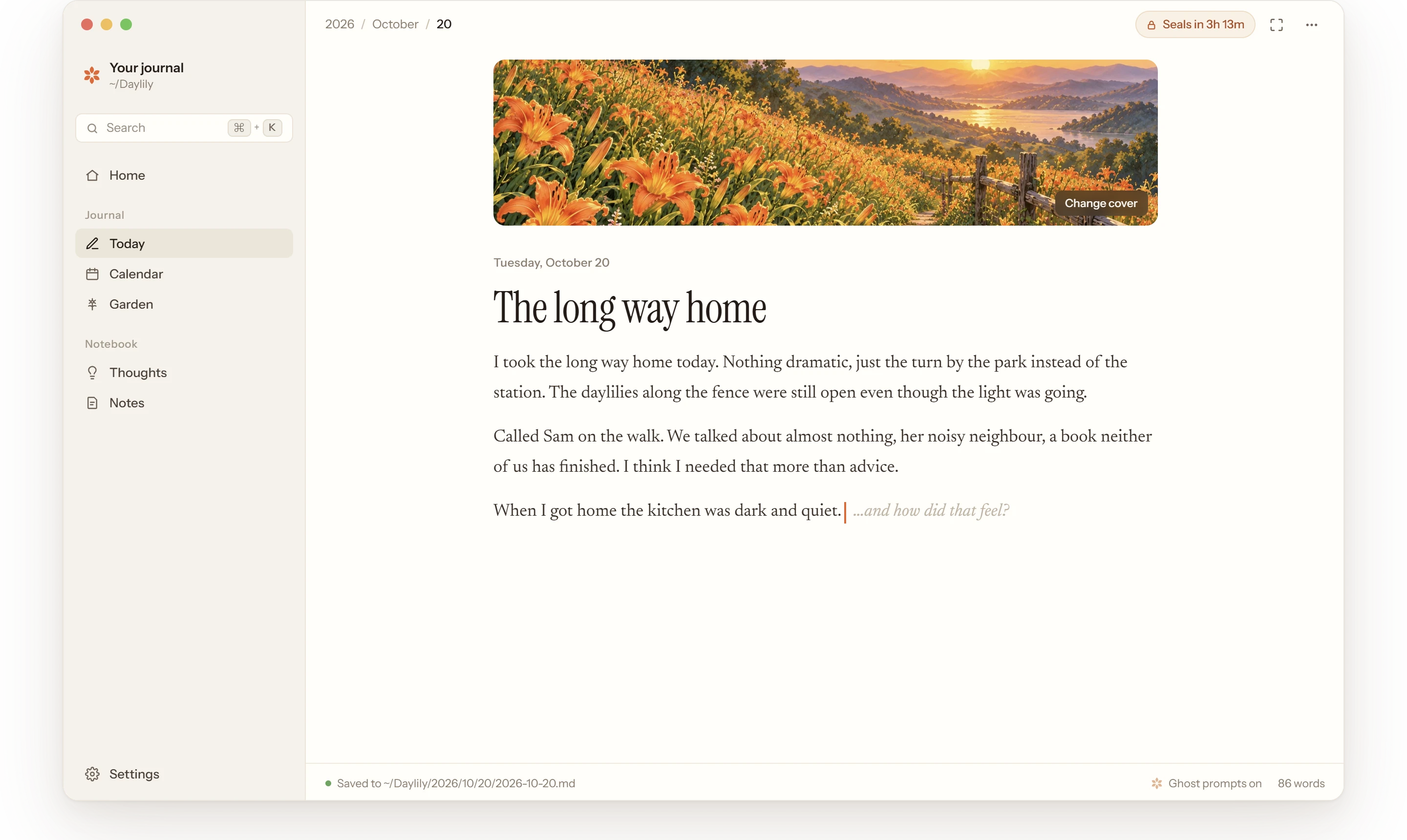 Daylily’s writing screen: today’s page, The long way home, under a cover of daylilies