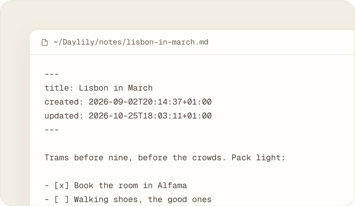 The file lisbon-in-march.md, its title and dates, then the note