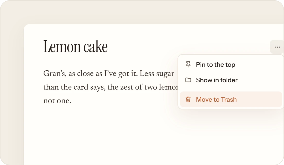 A note’s menu open, with Move to Trash