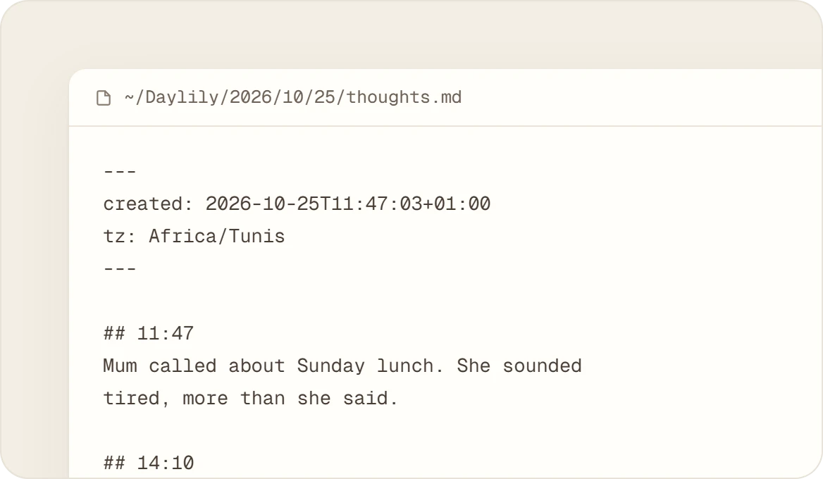 The day’s thoughts.md file, each thought under a line with its time