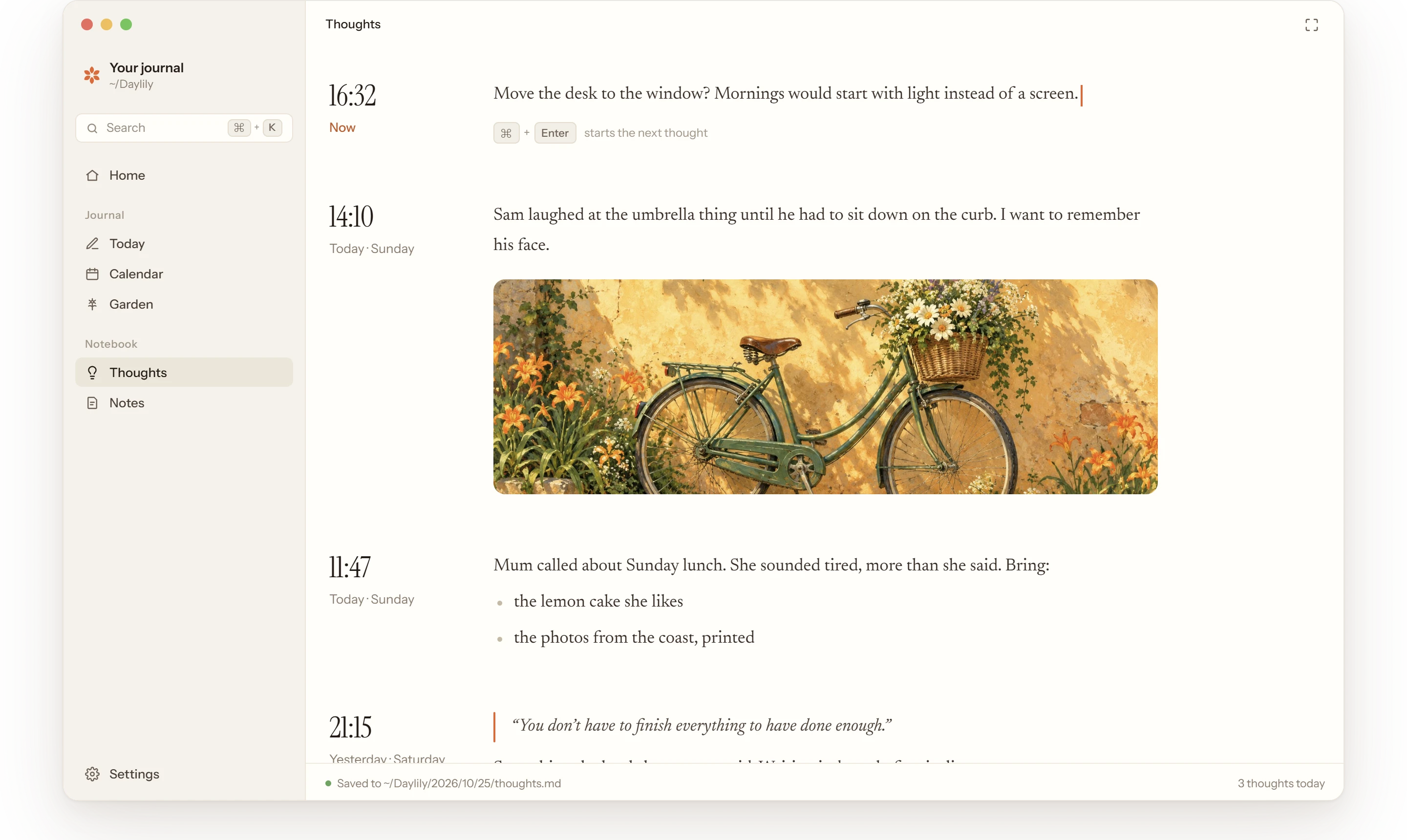 Daylily’s Thoughts screen: thoughts newest first, each under the time it was written